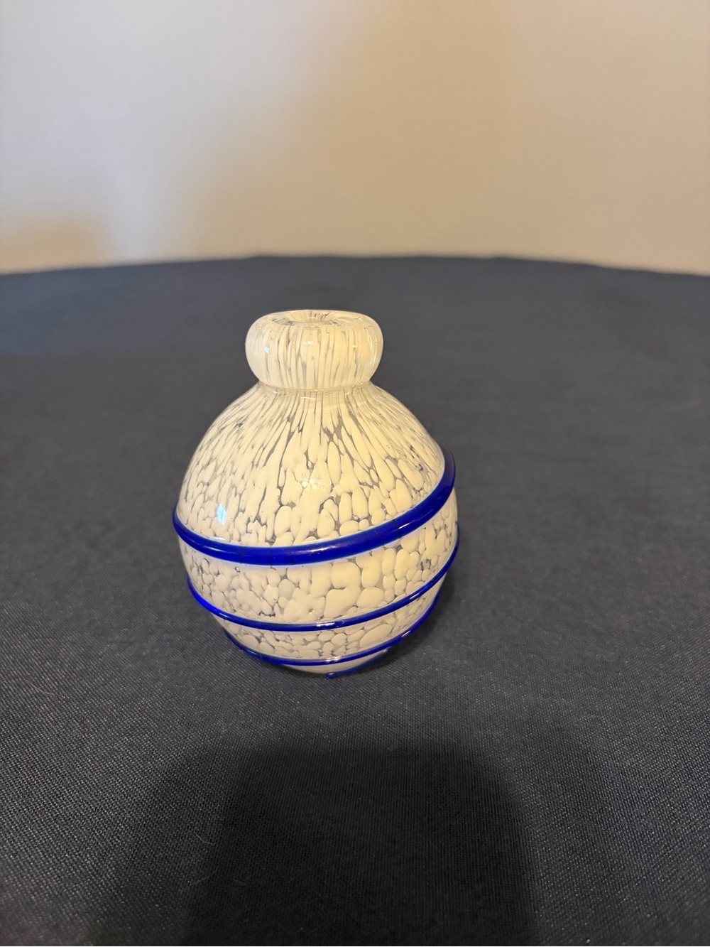 Rare Cobalt Blue Swirls Bud Vase With White Crackled Glass 3 “ Tall.